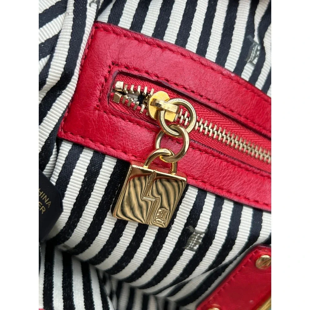 L.A.M.B. Gwen Stefani Red Leather Satchel Handbag Racing Stripe Tassel Gold HW